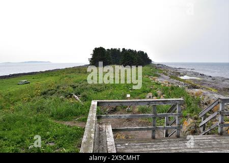 Island cape au milieu du fleuve Saint-Laurent. Plate-forme d'observatoire en bois altéré avec table de pique-nique en arrière-plan. Solitude sur l'île Banque D'Images