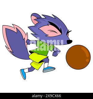 Dessin animé Doodle illustration animal mignon, Une moufette violette joue au football dribble une balle Illustration de Vecteur