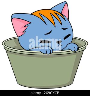 Dessin animé Doodle illustration animal mignon, Un chaton bleu pour animal de compagnie trempe dans un seau Illustration de Vecteur
