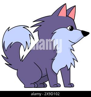 dessin animé doodle d'animaux faisant des activités, le loup aux cheveux violets attendait son ami humain Illustration de Vecteur