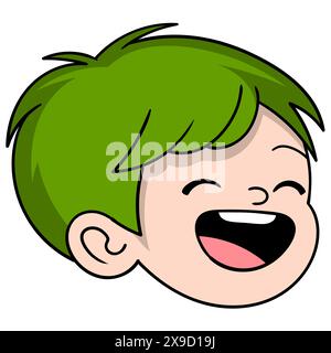 dessin animé humain doodle, tête de garçon aux cheveux verts avec un visage heureux Illustration de Vecteur