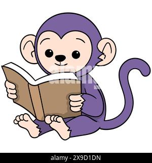 dessin animé éducatif doodle, enfant singe mâle est assis portant un livre apprenant à lire Illustration de Vecteur