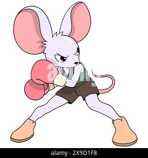 dessin animé doodle d'animaux faisant des activités, fille de souris faisant la position défensive dans le sport de boxe Illustration de Vecteur