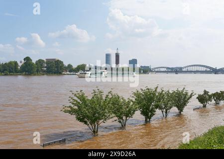 Promenade inondée sur la Konrad-Adenauer-Ufer sur le Rhin à Cologne en Allemagne Banque D'Images