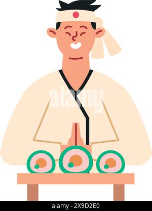 homme asiatique avec des sushis frais dans une assiette isolée Illustration de Vecteur