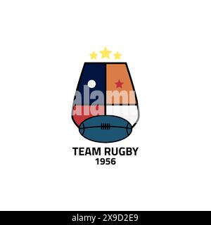 Logo emblème du club de rugby avec forme de bouclier rempli de quatre couleurs. Illustration de Vecteur