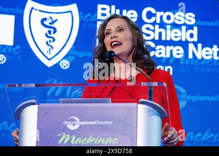Mackinac Island, États-Unis. 30 mai 2024. Le gouverneur Gretchen Whitmer prend la parole à la Conférence sur les politiques Mackinac à Mackinac Island, au Michée, le 30 mai 2024. (Photo de Andrew Roth/Sipa USA) crédit : Sipa USA/Alamy Live News Banque D'Images