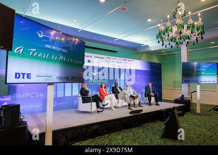 Mackinac Island, États-Unis. 30 mai 2024. Chef de la majorité au Sénat du Michigan Winnie Brinks (d-Grand Rapids), président de la Chambre du Michigan Joe Tate (d-Detroit), chef de la minorité au Sénat du Michigan Aric Nesbitt (R-porter Twp.) Et le chef de la minorité de Michigan House Matt Hall (R-Richland Twp.) Allocution à la Conférence sur les politiques Mackinac à Mackinac Island, au Michée, le 30 mai 2024. (Photo de Andrew Roth/Sipa USA) crédit : Sipa USA/Alamy Live News Banque D'Images