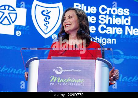 Mackinac Island, États-Unis. 30 mai 2024. Le gouverneur Gretchen Whitmer prend la parole à la Conférence sur les politiques Mackinac à Mackinac Island, au Michée, le 30 mai 2024. (Photo de Andrew Roth/Sipa USA) crédit : Sipa USA/Alamy Live News Banque D'Images