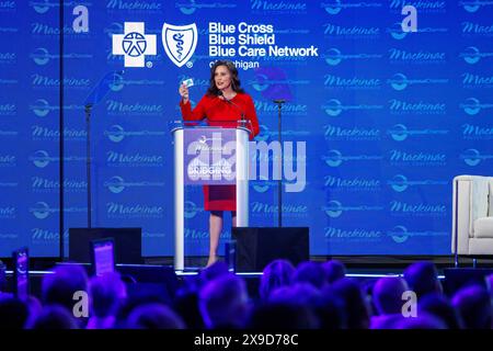 Mackinac Island, États-Unis. 30 mai 2024. Le gouverneur Gretchen Whitmer prend la parole à la Conférence sur les politiques Mackinac à Mackinac Island, au Michée, le 30 mai 2024. (Photo de Andrew Roth/Sipa USA) crédit : Sipa USA/Alamy Live News Banque D'Images