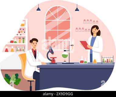 Illustration vectorielle d'un laboratoire menant des recherches scientifiques, des expérimentations et des mesures dans un fond de dessin animé plat Illustration de Vecteur