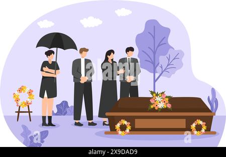 Cérémonie funéraire illustration vectorielle de personnes tristes dans des vêtements noirs debout près d'une tombe avec des couronnes autour d'un Coffin dans un fond de dessin animé plat Illustration de Vecteur