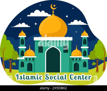 Centre social islamique illustration vectorielle mettant en vedette des mosquées, des institutions éducatives pour les études islamiques et le développement dans un fond plat de dessin animé Illustration de Vecteur