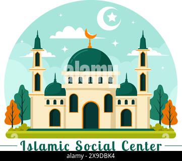 Centre social islamique illustration vectorielle mettant en vedette des mosquées, des institutions éducatives pour les études islamiques et le développement dans un fond plat de dessin animé Illustration de Vecteur