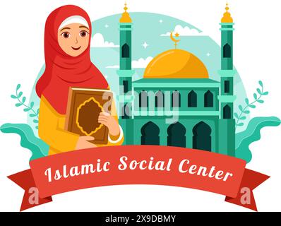 Centre social islamique illustration vectorielle mettant en vedette des mosquées, des institutions éducatives pour les études islamiques et le développement dans un fond plat de dessin animé Illustration de Vecteur