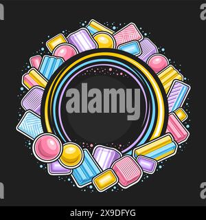 Cadre vectoriel pour Bubble Gum avec espace de copie pour le texte de l'annonce, panneau d'affichage décoratif avec illustration de contour de gommes à bulles vibrantes, disposition ronde avec Gro Illustration de Vecteur