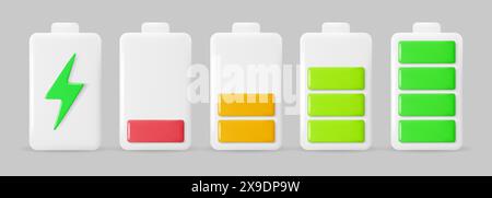 Jeu d'indicateurs de charge de batterie 3D avec niveaux de charge. Symboles de puissance énergétique. Illustration vectorielle Illustration de Vecteur