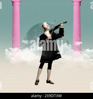 Homme, célèbre compositeur dans les écouteurs joueur de violon sur fond abstrait avec des colonnes et ombre de lune. Collage d'art contemporain. Banque D'Images