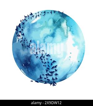 Planète bleue avec des pigeons volants. Troupeau d'oiseaux volants. dessin à la main. Pas ai, illustration vectorielle Illustration de Vecteur