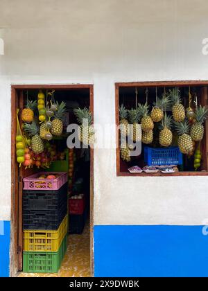 Une boutique de fruits pittoresque avec des ananas suspendus et divers fruits empilés dans des caisses colorées, présentant une sélection vibrante et fraîche. Banque D'Images