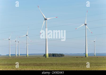 Un champ d'éoliennes avec un ciel bleu clair en arrière-plan Banque D'Images