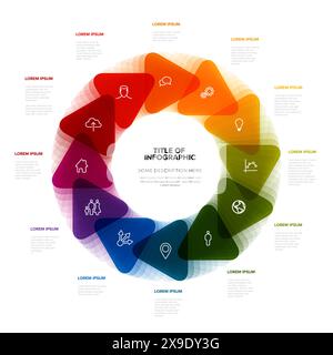 Infographie légère simple avec douze triangles avec des icônes dans un grand cycle sur fond blanc et des éléments de description supplémentaires. Polyvalence complète oui Illustration de Vecteur