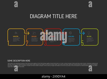 Schéma de modèle de progression de processus vectoriel schéma avec cinq étapes, icônes, numéros et descriptions. colorer les carrés de ligne mince sur fond sombre avec des flèches Illustration de Vecteur
