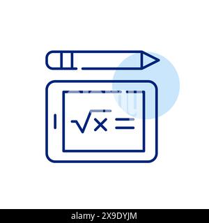 Tablette électronique, crayon avec texte et expression mathématique. Devoirs électroniques et matériel d'apprentissage en ligne. Icône Illustration de Vecteur