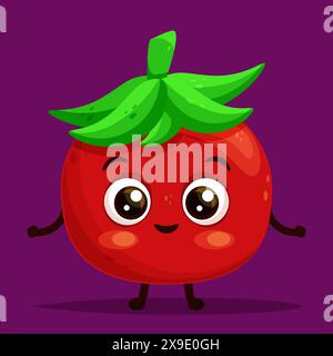 Cartoon charahter tomate joyeuse rouge avec des feuilles vertes couronne debout et souriante, expression amicale mignonne, illustration vectorielle plate. Illustration de Vecteur