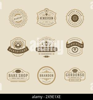 Logos de boulangerie et modèles de conception de badges Set illustration vectorielle. Bon pour les emblèmes de boulangerie et de café. Éléments et silhouettes de typographie rétro. Illustration de Vecteur