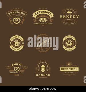 Logos de boulangerie et modèles de conception de badges Set illustration vectorielle. Bon pour les emblèmes de boulangerie et de café. Éléments et silhouettes de typographie rétro. Illustration de Vecteur