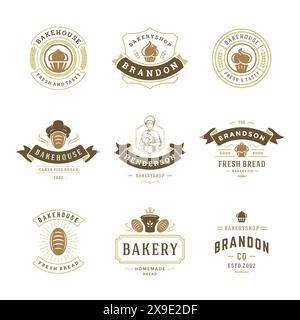 Logos de boulangerie et modèles de conception de badges Set illustration vectorielle. Bon pour les emblèmes de boulangerie et de café. Éléments et silhouettes de typographie rétro. Illustration de Vecteur