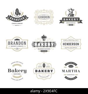 Logos de boulangerie et modèles de conception de badges Set illustration vectorielle. Bon pour les emblèmes de boulangerie et de café. Éléments et silhouettes de typographie rétro. Illustration de Vecteur