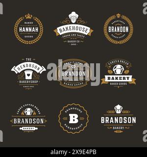 Logos de boulangerie et modèles de conception de badges Set illustration vectorielle. Bon pour les emblèmes de boulangerie et de café. Éléments et silhouettes de typographie rétro. Illustration de Vecteur