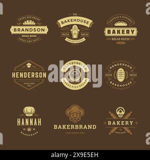 Logos de boulangerie et modèles de conception de badges Set illustration vectorielle. Bon pour les emblèmes de boulangerie et de café. Éléments et silhouettes de typographie rétro. Illustration de Vecteur