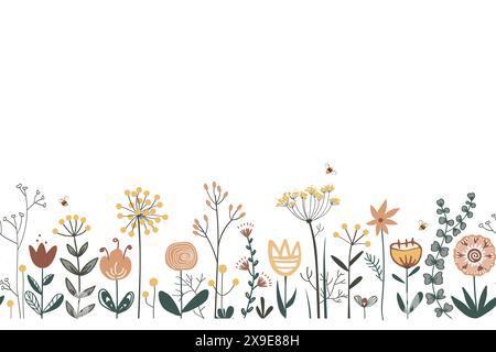 Frontière de fleurs de fée, modèle vectoriel sans couture. Fond de prairie de fleurs de doodle répétitif. Style folklorique scandinave. Pour tissu, cartes, papier peint, maison Illustration de Vecteur