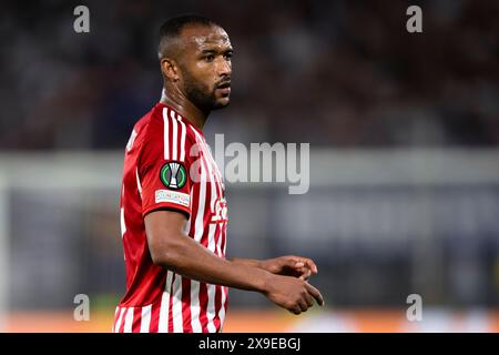 Athènes, Grèce. 29 mai 2024. Ayoub El Kaabi de l'Olympiacos FC regarde pendant le match final de l'UEFA Conference League entre l'Olympiacos FC et l'ACF Fiorentina. Crédit : Nicolò Campo/Alamy Live News Banque D'Images