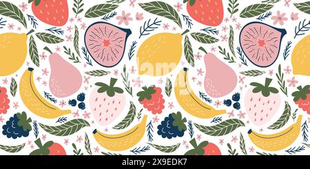 Motif sans couture ludique avec fraises, framboises, mûres, banane, poire, figues coupées en deux, bleuets, fleurs roses et feuilles vertes. Style vectoriel organique avec des couleurs plates, parfait pour les textiles, l'emballage et le décor Illustration de Vecteur