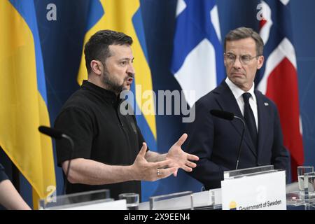 Stockholm, Suède. 31 mai 2024. Le président ukrainien Volodymyr Zelensky s’exprime lors de la conférence de presse avec les premiers ministres nordiques lors du sommet nordique de Stockholm le 31 mai. Photo : Fredrik Sandberg/TT/Code 10080 crédit : TT News Agency/Alamy Live News Banque D'Images