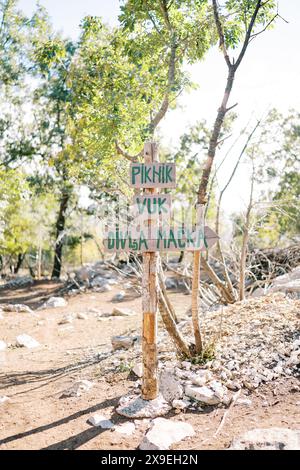 Panneaux sur un poteau en bois dans un parc verdoyant. Légende : Piknik, Vuk, Divla macka Banque D'Images