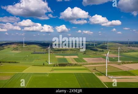 Luftbild, Windpark Windenereanlage Auf m Mühlstein, Windräder BEI Altenbüren, Hügellandschaft und kachelförmige Strukturen Wiesen und Felder, klare Fernsicht mit blauem Himmel und Wolken, Kalamitätsflächen Waldgebiet mit Waldschäden, Brilon, Sauerland, Nordrhein-Westfalen, Deutschland ACHTUNGxMINDESTHONORARx60xEURO *** éolienne éolienne Auf m Mühlstein, éolienne près de Altenbüren, éolienne paysage vallonné et structures carrelées prairies et champs, vue lointaine claire avec ciel bleu et nuages, zones de calamité zone forestière avec dommages forestiers, Brilon, Sauerland, Rhénanie du Nord-Westphalie, G. Banque D'Images