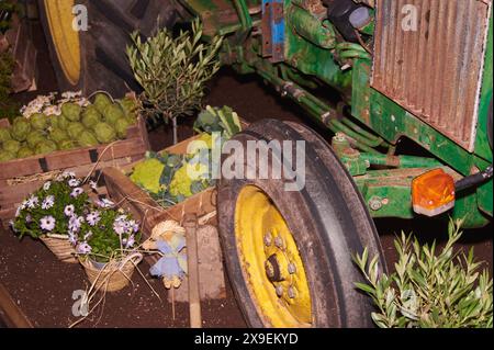 Image détaillée d'un tracteur vert vintage avec des roues jaunes entourées de branches d'oliviers et de marguerites blanches dans une caisse en bois. Parfait pour les thèmes de s. Banque D'Images