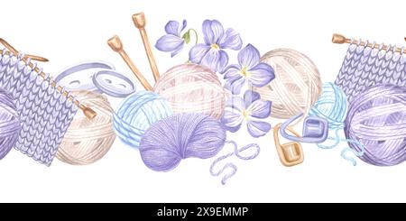 Boules de fil et écheveaux laine échantillon de tissu tricoté sur aiguilles. Fleurs violettes et bouton. Bordure sans couture pour tricot hobby. Illustration aquarelle Backdr Banque D'Images