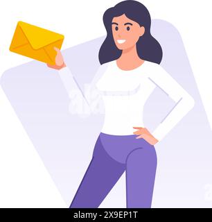 Femme avec lettre enveloppe service postal modèle de modèle de modèle de modèle de modèle de modèle illustration plate. Souriant dessin animé femme message d'affaires e-mail de caractère faire Illustration de Vecteur