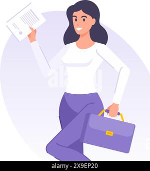 Femme d'affaires avec l'accord de contrat document de modèle de modèle de modèle de conception de bannière illustration plate. Personnage féminin de dessin animé souriant avec mallette et c. Illustration de Vecteur