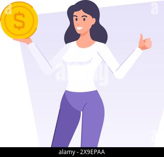 Femme d'affaires avec la monnaie d'or argent argent dollar modèle de modèle de modèle de modèle de vecteur plat. Dessin animé minuscule femelle montrant la monnaie cool pouce vers le haut Illustration de Vecteur