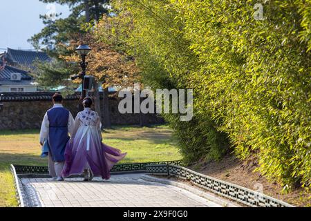 Couple portant des vêtements traditionnels au complexe funéraire de Daereungwon (site du patrimoine mondial de l'UNESCO), Gyeongju, Corée du Sud Banque D'Images