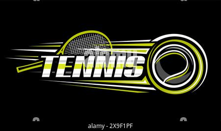 Logo vectoriel pour le tennis, bannière horizontale décorative avec illustration de contour de frapper la balle de tennis, volant sur la trajectoire dans le but sur fond sombre Illustration de Vecteur