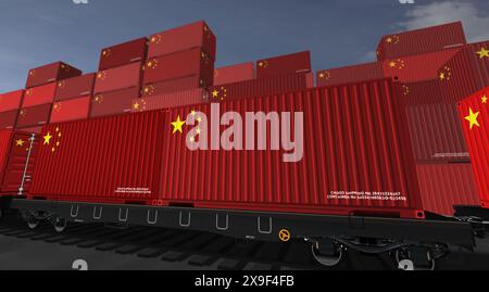 La Chine exporte des conteneurs de production et d'importation sur des wagons de fret. Concept d'affaires de transport ferroviaire et d'expédition avec un drapeau chinois 3D Ill Banque D'Images