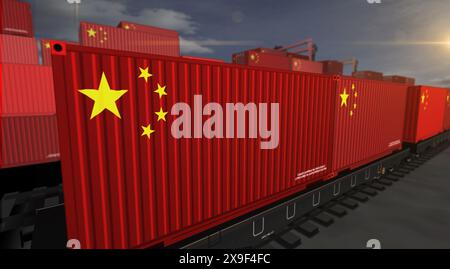 La Chine exporte des conteneurs de production et d'importation sur des wagons de fret. Concept d'affaires de transport ferroviaire et d'expédition avec un drapeau chinois 3D Ill Banque D'Images